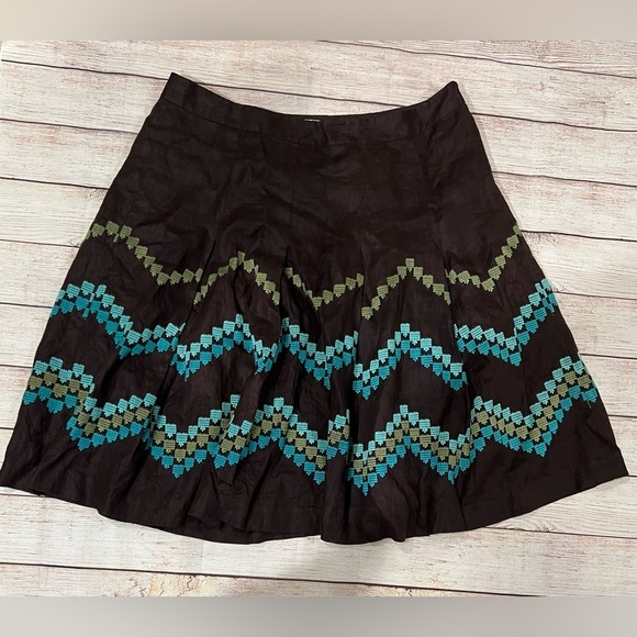Ann Taylor Loft Skirt Women's 14 Brown Green Blue Gold Geometric Linen - Picture 1 of 6